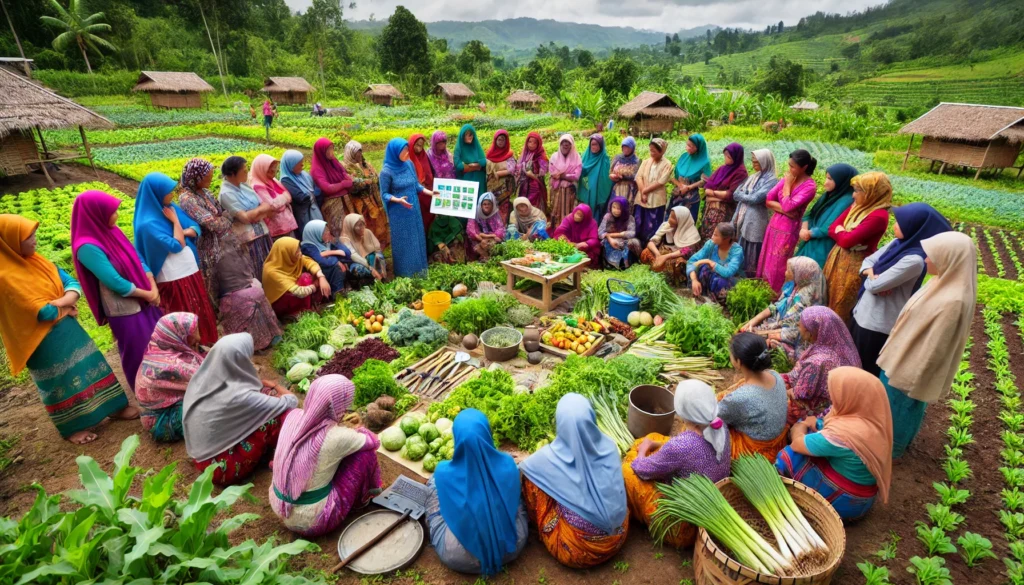 DALL·E 2024-12-16 19.40.58 - A group of women farmers in a vibrant outdoor setting, participating in a training session on sustainable farming techniques and climate-smart practic