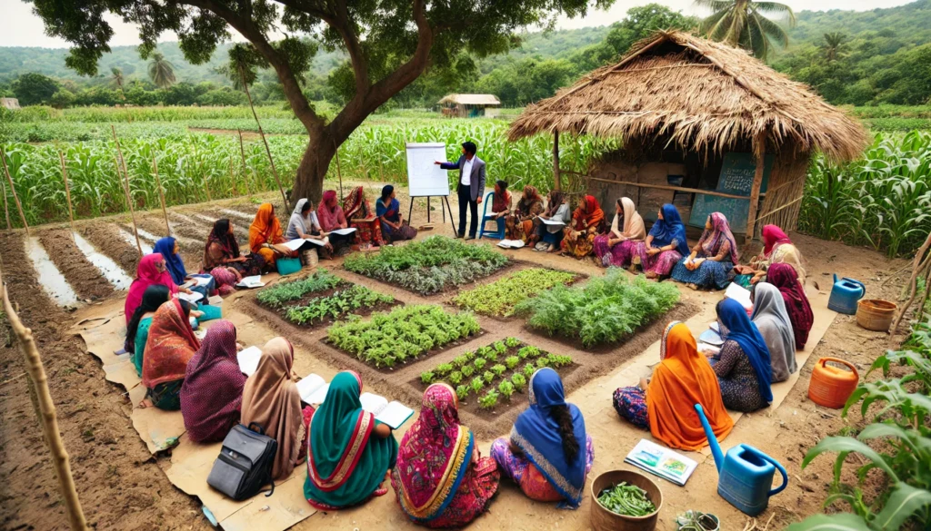DALL·E 2024-12-26 23.10.12 - A group of women farmers attending a training session outdoors. They are seated in a semi-circle under a shaded area, such as a tree or a thatched can